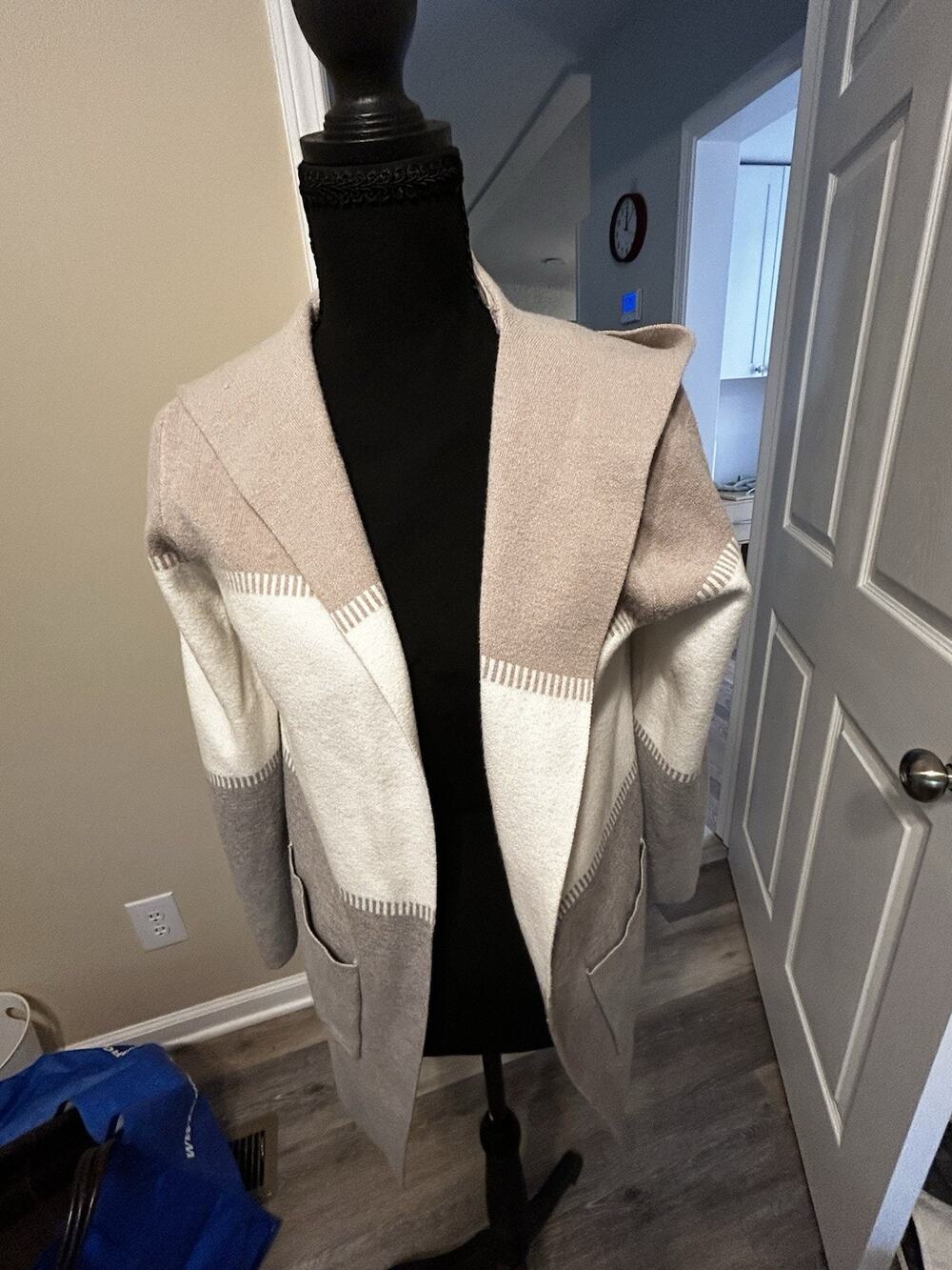 Sioni Wool Cotton Soft Viscose Long Cardigan Size S/M Gray/Off Patchwork
